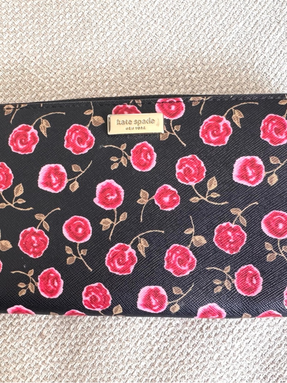 kate spade Black Rose Print Zip Wallet with Gold Plaque